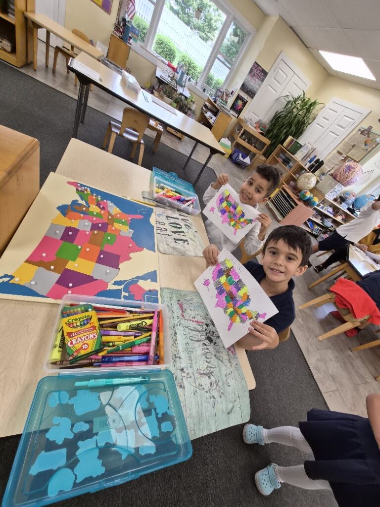 Primary student working on a states map